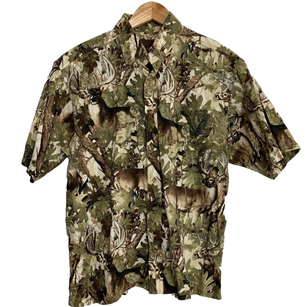 Womens Camo Hunting Deer Upcycled Mens Shirt Size Medium Glitter Paint Hemmed